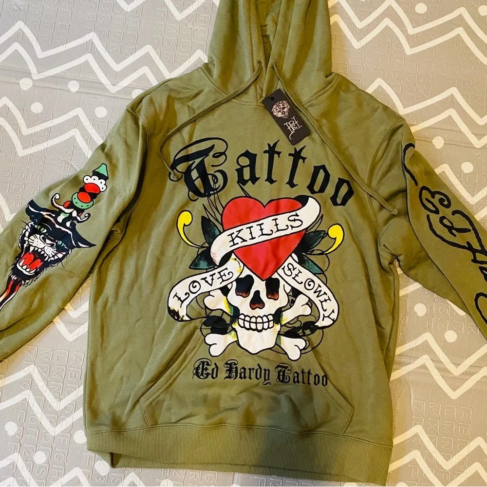 Vintage Retro Ed hardy graphic skull hoodie sweater medium